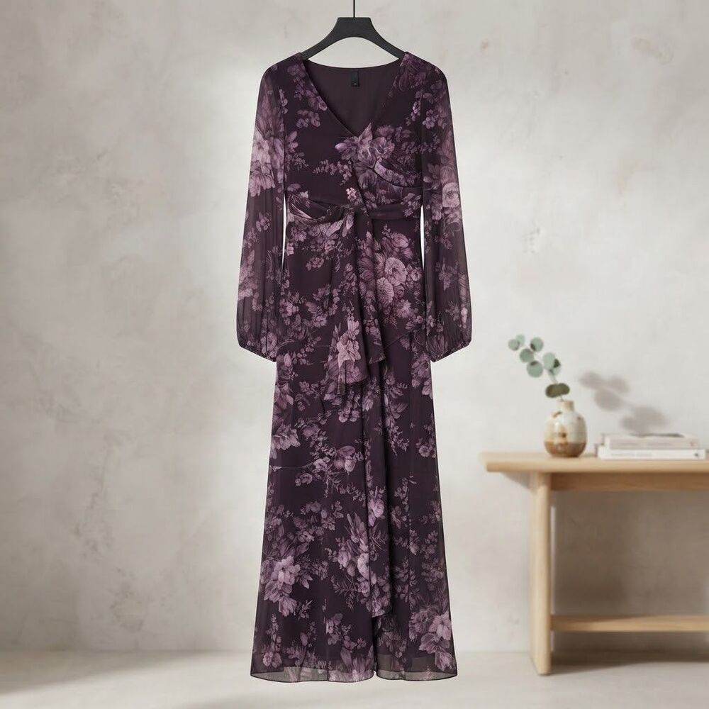 ASOS DESIGN Tall Floral Long Sleeve Ruffle Maxi Dress Purple Women US 8